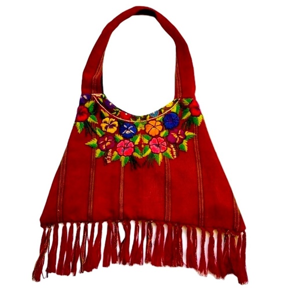 Altiplano Embroidered Cotton Red Boho Tassel Bag - Picture 1 of 10